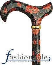 HARVY Romantic Red Floral Derby Walking Cane With Beechwood Shaft and Brass Collar