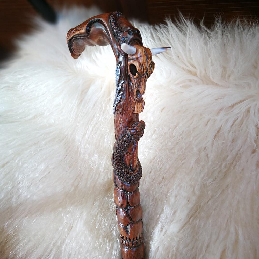 Igor Buffalo Skull and Snake Artisan Intricate Handcarved Wood Cane