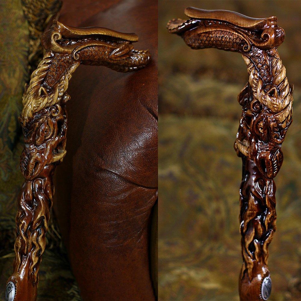 Igor Dark Fiery Dragon Oak Wood Artisan Intricate Handcarved Cane