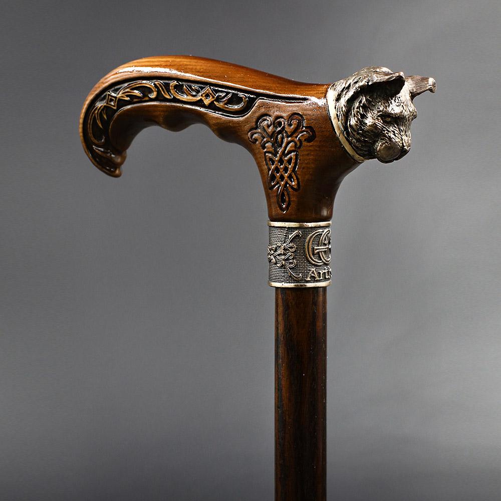 Igor Forest Cat with Bronze Head Artisan Intricate Handcarved Cane