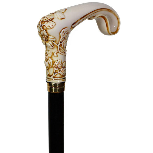 Ivory Flowers Artisan Intricate Handcarved Cane