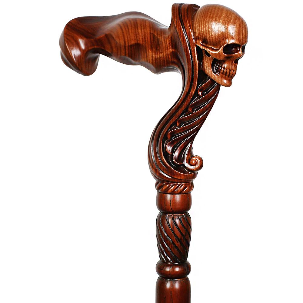 Skull Head Artisan Intricate Handcarved Wood Cane Right Hand 1084