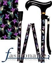 Med Basix Black Hummingbirds Folding Derby Walking Cane With Aluminum Shaft and Brass Collar