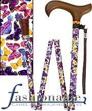 Med Basix Butterflies Folding Derby Walking Cane With Adjustable Aluminum Shaft and Brass Collar