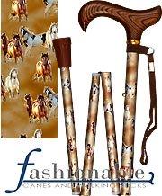 Med Basix Horse Folding Wooden Derby Handle Walking Cane With Adjustable Aluminum Shaft With Bronze Collar