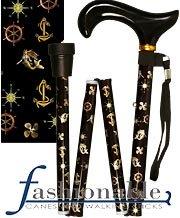 Med Basix Nautical Folding Derby Walking Cane With Adjustable Aluminum Shaft and Brass Collar
