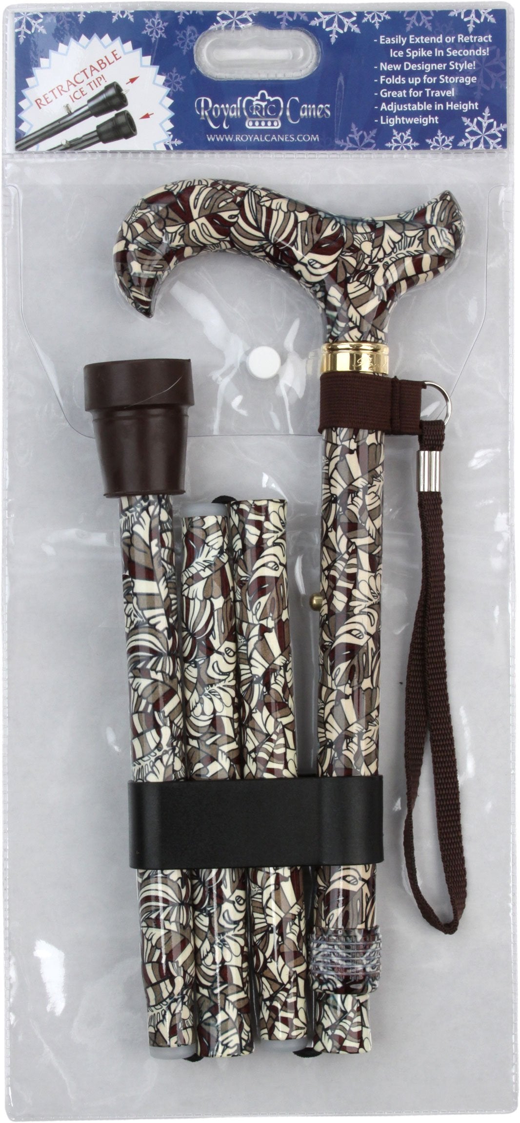 Royal Canes Bahama Leaf Designer Derby Folding Adjustable Cane w/ Able Tri Pod Base