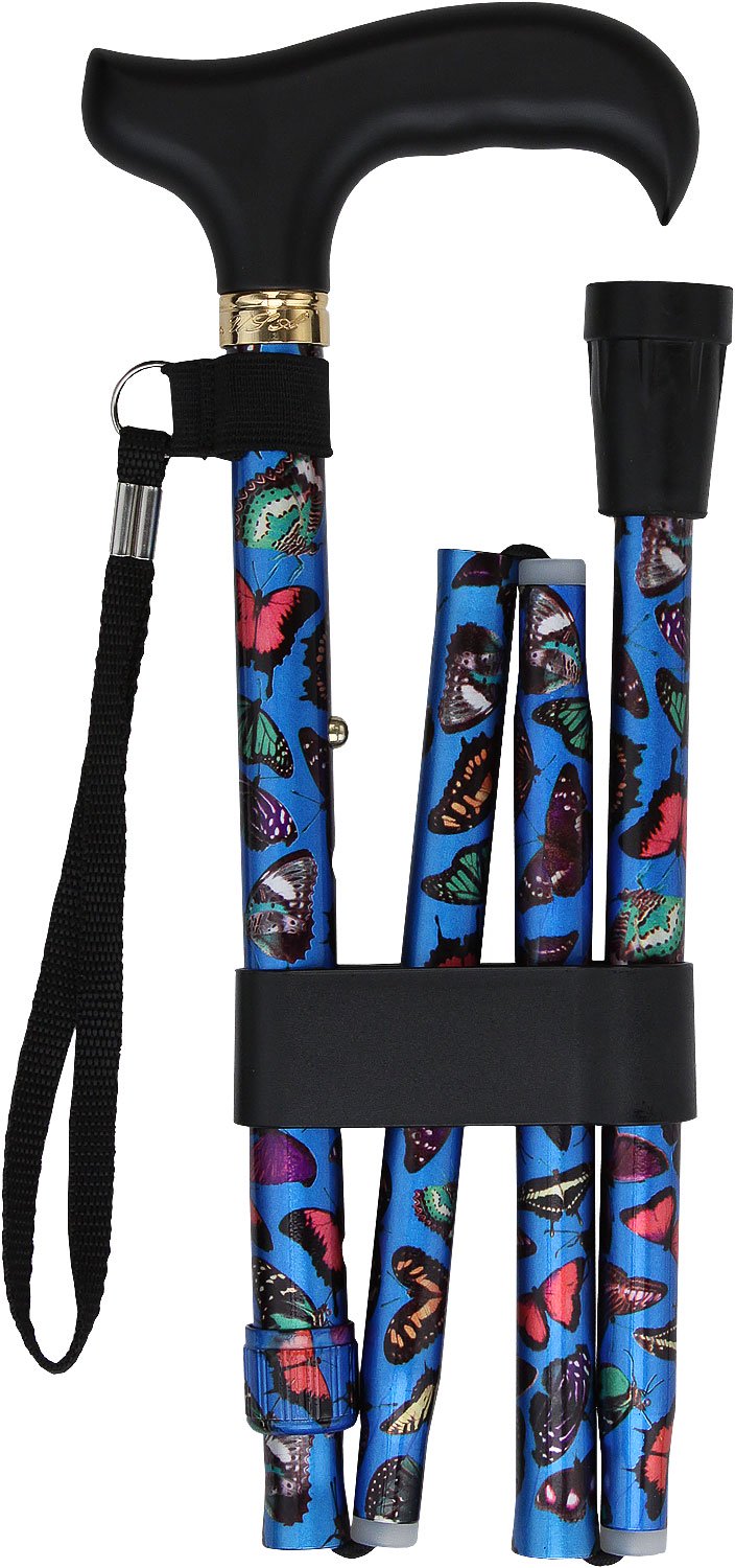 Royal Canes Blue Skies Butterfly Folding Adjustable Designer Derby w/ Able Tri Pod Base