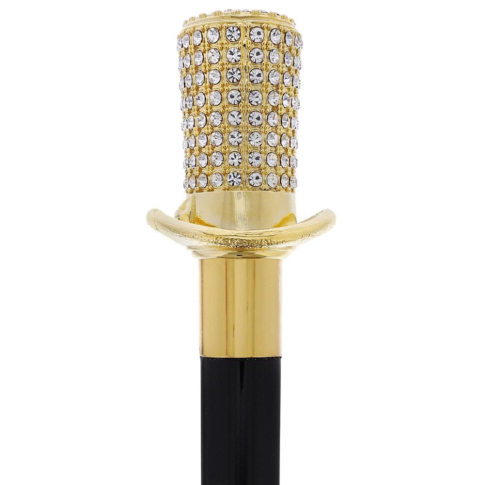 Gold Plated Top Hat with Swarovski Crystals w/ Black Beechwood Shaft