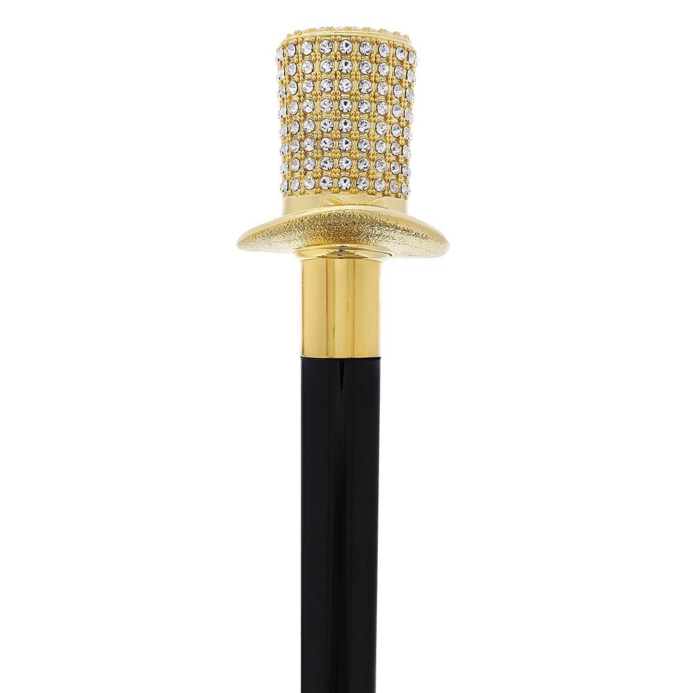 Royal Canes Gold Plated Top Hat with Swarovski Element Crystals Walking Cane w/ Black Beechwood Shaft and Gold C