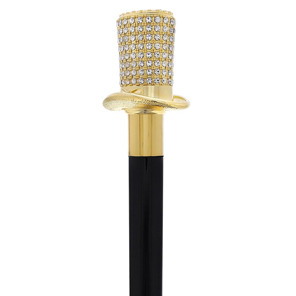 Royal Canes Gold Plated Top Hat with Swarovski Element Crystals Walking Cane w/ Black Beechwood Shaft and Gold C