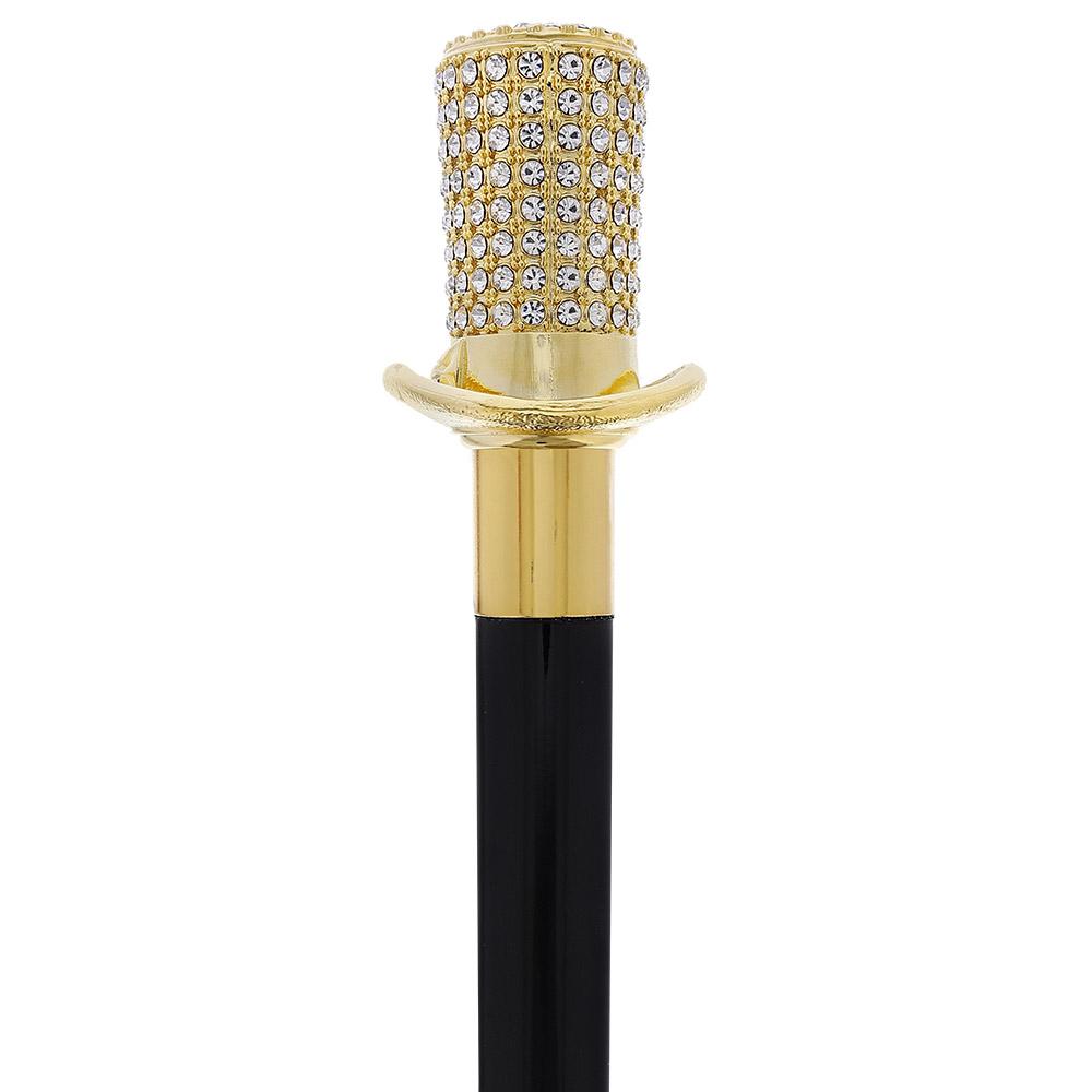 Royal Canes Gold Plated Top Hat with Swarovski Element Crystals Walking Cane w/ Black Beechwood Shaft and Gold C