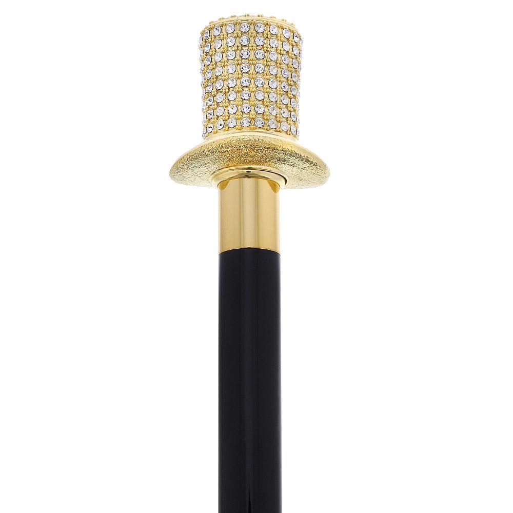 Royal Canes Gold Plated Top Hat with Swarovski Element Crystals Walking Cane w/ Black Beechwood Shaft and Gold C