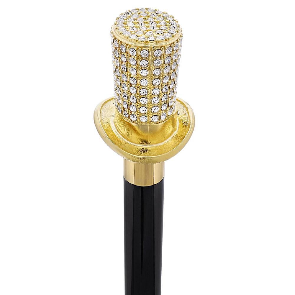 Royal Canes Gold Plated Top Hat with Swarovski Element Crystals Walking Cane w/ Black Beechwood Shaft and Gold C