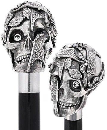 Royal Canes Silver 925r Crying Web Skull and Snakes Walking Cane w/ Black Beechwood Shaft