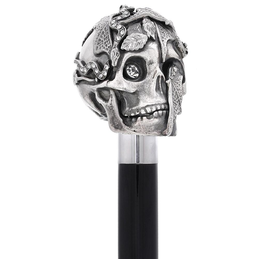 Royal Canes Silver 925r Crying Web Skull and Snakes Walking Cane w/ Black Beechwood Shaft