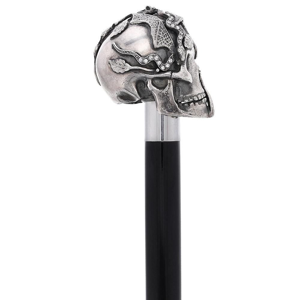 Royal Canes Silver 925r Crying Web Skull and Snakes Walking Cane w/ Black Beechwood Shaft