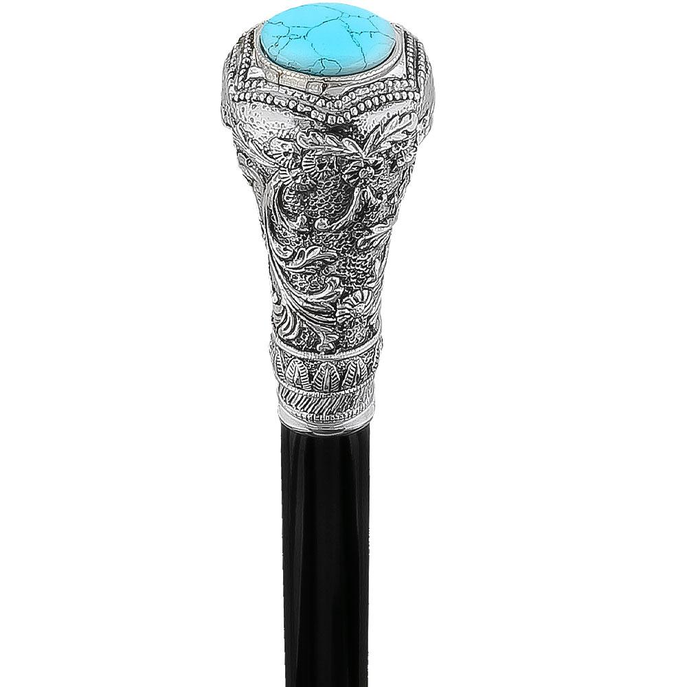 Royal Canes Silver 925r Knob Handle Walking Cane w/ Black Beechwood Shaft and Blue Stone Pillbox