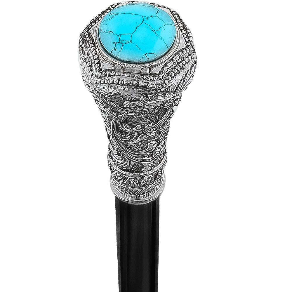Royal Canes Silver 925r Knob Handle Walking Cane w/ Black Beechwood Shaft and Blue Stone Pillbox