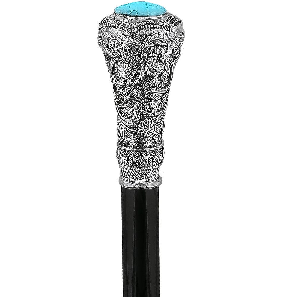Royal Canes Silver 925r Knob Handle Walking Cane w/ Black Beechwood Shaft and Blue Stone Pillbox