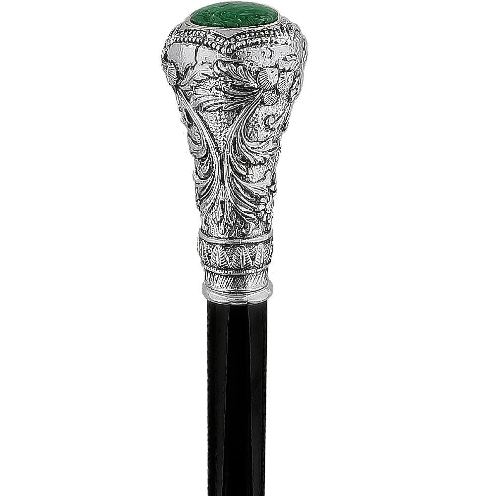 Royal Canes Silver 925r Knob Handle Walking Cane w/ Black Beechwood Shaft and Green Stone Pillbox