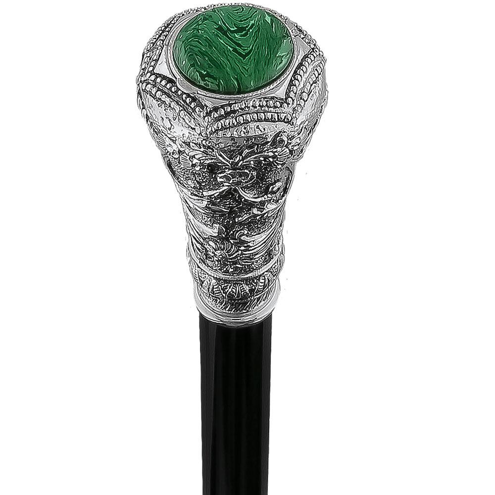 Royal Canes Silver 925r Knob Handle Walking Cane w/ Black Beechwood Shaft and Green Stone Pillbox