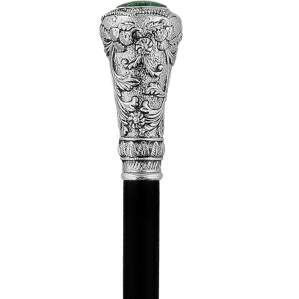 Royal Canes Silver 925r Knob Handle Walking Cane w/ Black Beechwood Shaft and Green Stone Pillbox