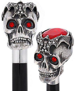 Royal Canes Silver 925r Ruby Red Skull and Bats Walking Cane w/ Black Beechwood Shaft