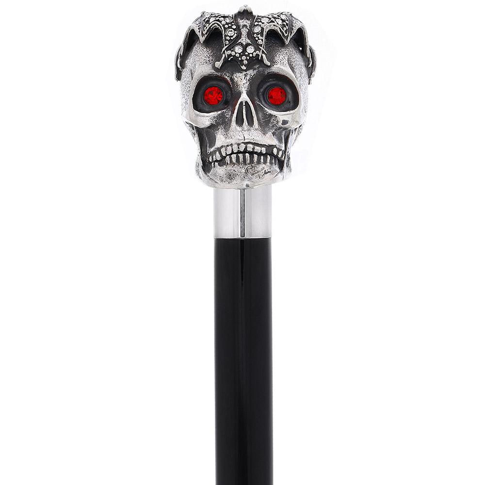 Royal Canes Silver 925r Ruby Red Skull and Bats Walking Cane w/ Black Beechwood Shaft