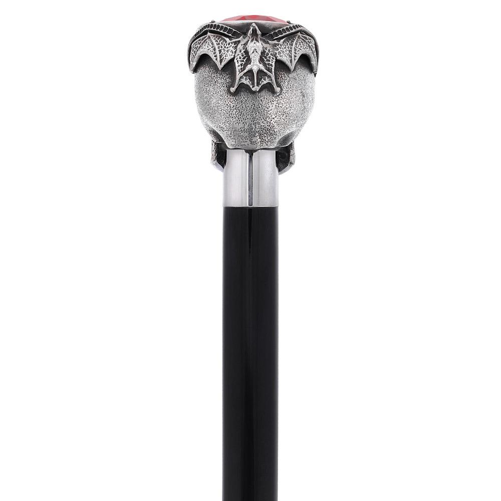 Royal Canes Silver 925r Ruby Red Skull and Bats Walking Cane w/ Black Beechwood Shaft