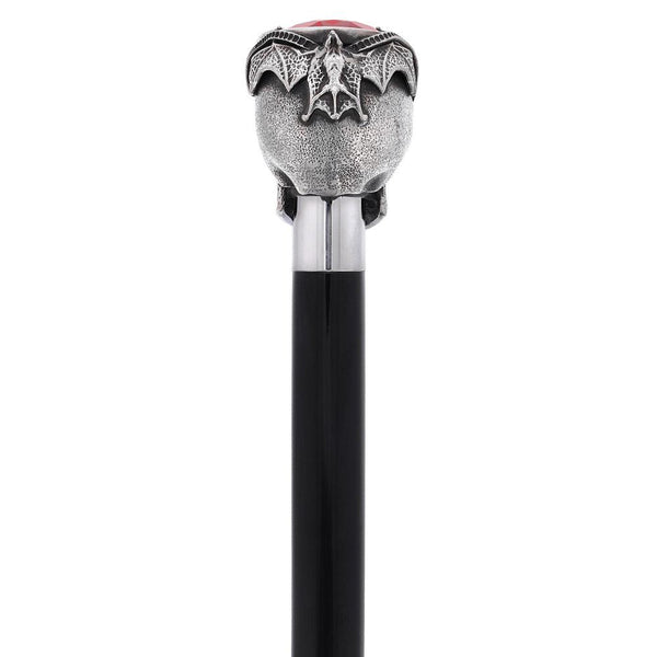 Silver 925r Ruby Red Skull and Bats Walking Cane w/ Black Beechwood