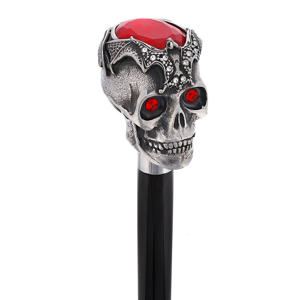 Royal Canes Silver 925r Ruby Red Skull and Bats Walking Cane w/ Black Beechwood Shaft