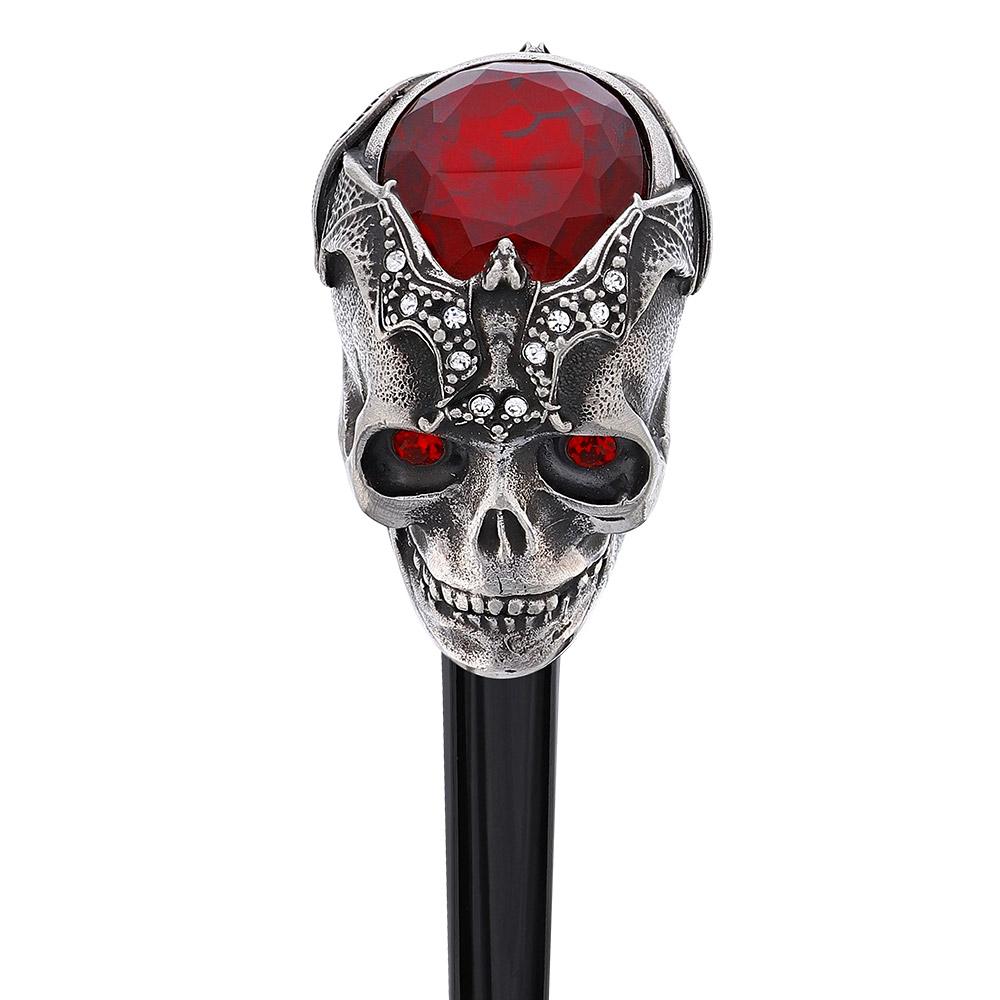 Royal Canes Silver 925r Ruby Red Skull and Bats Walking Cane w/ Black Beechwood Shaft