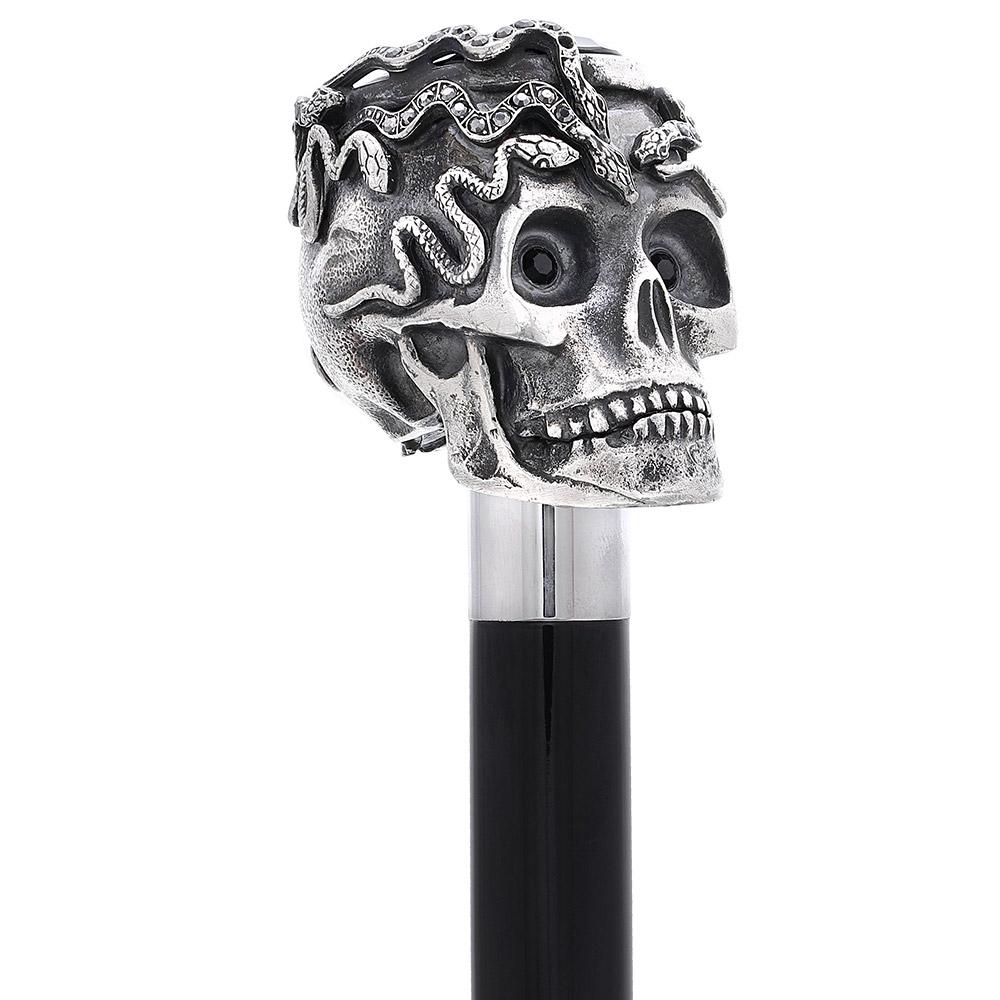 Royal Canes Silver 925r Skull and Snakes Black Crystal Walking Cane w/ Black Beechwood Shaft