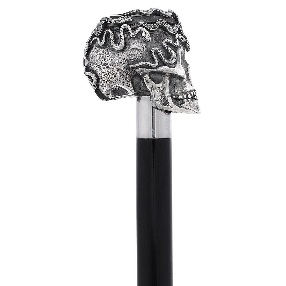 Royal Canes Silver 925r Skull and Snakes Black Crystal Walking Cane w/ Black Beechwood Shaft