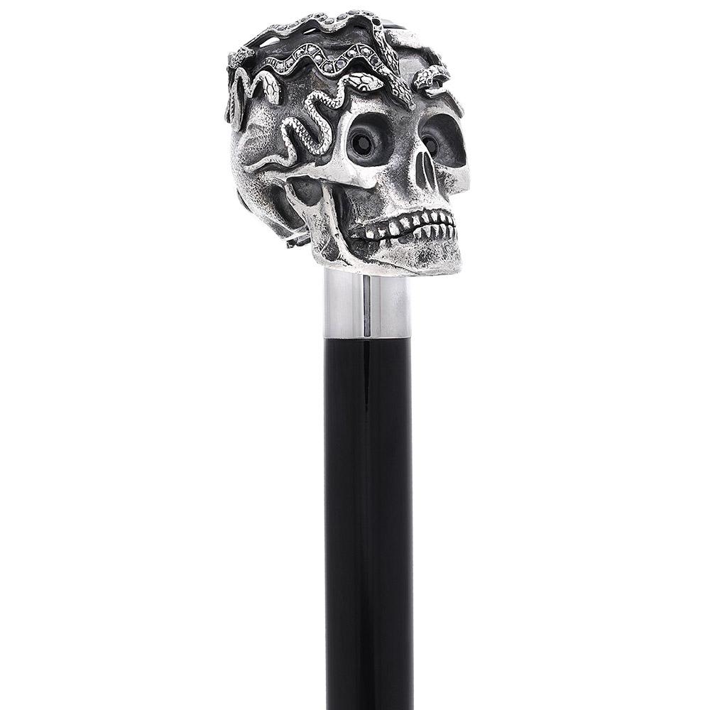 Royal Canes Silver 925r Skull and Snakes Black Crystal Walking Cane w/ Black Beechwood Shaft