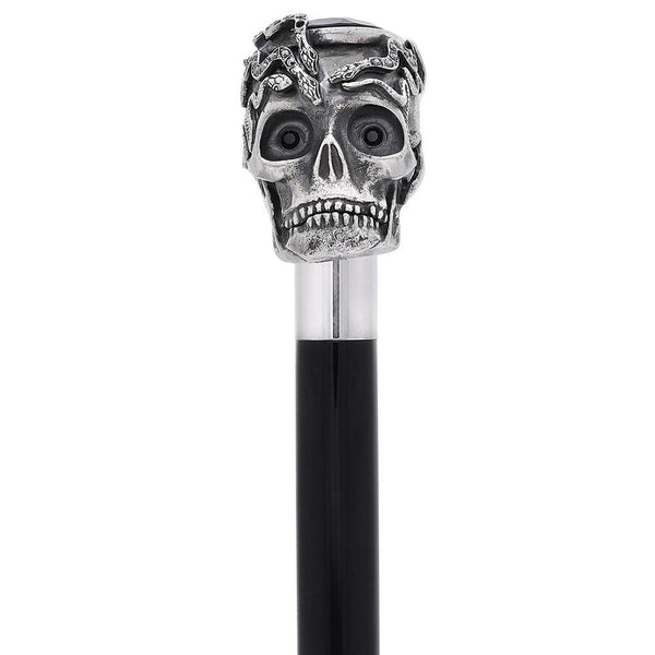 Royal Canes Silver 925r Skull and Snakes Black Crystal Walking Cane w/ Black Beechwood Shaft