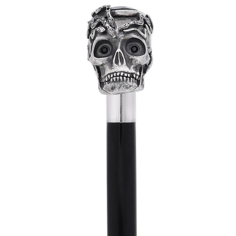 Mystical Silver 925r Skull and Snakes Black Crystal Walking Cane w ...