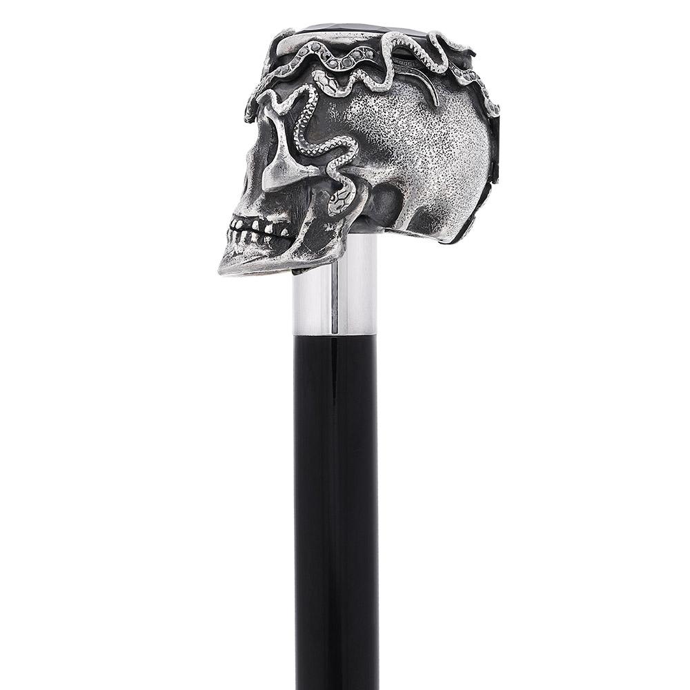 Royal Canes Silver 925r Skull and Snakes Black Crystal Walking Cane w/ Black Beechwood Shaft
