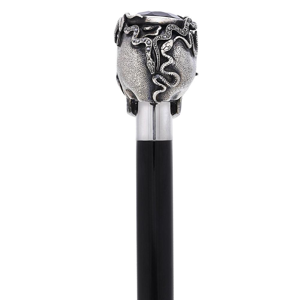 Royal Canes Silver 925r Skull and Snakes Black Crystal Walking Cane w/ Black Beechwood Shaft