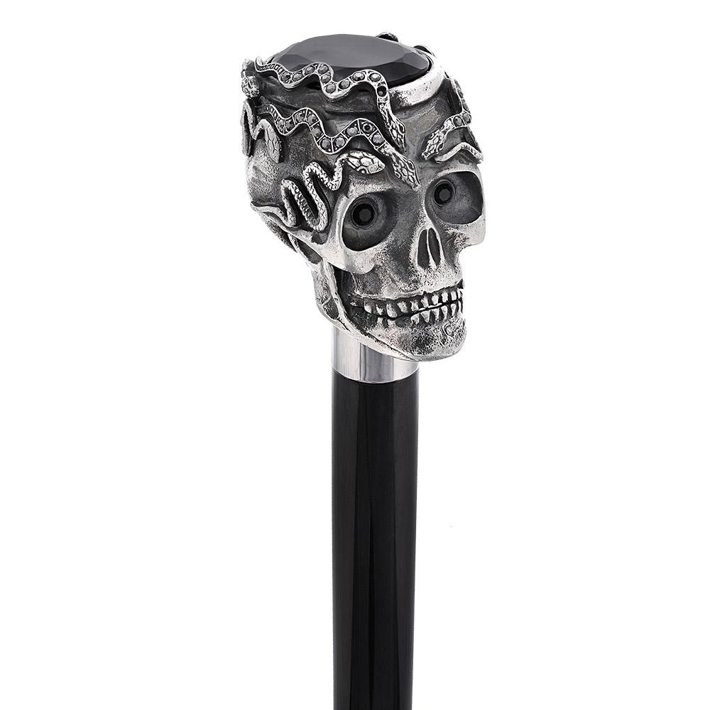 Royal Canes Silver 925r Skull and Snakes Black Crystal Walking Cane w/ Black Beechwood Shaft