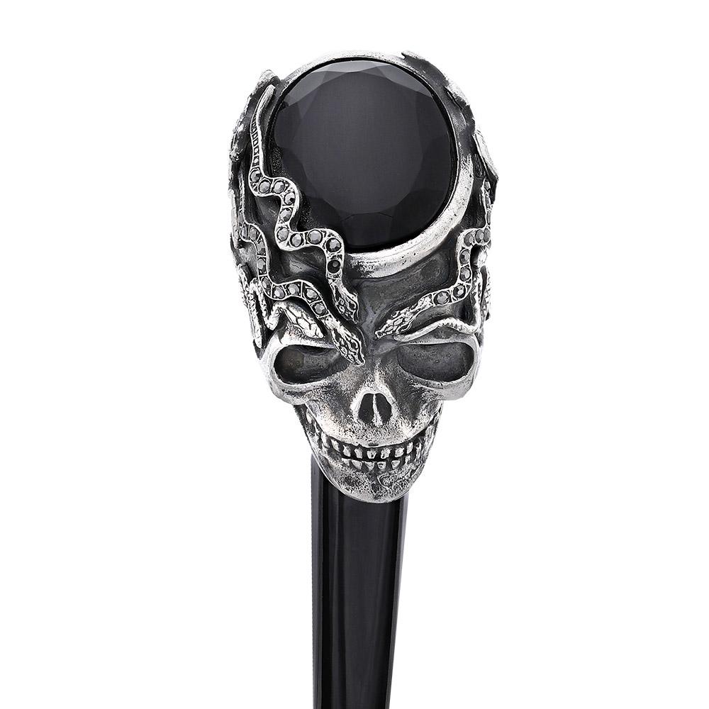 Royal Canes Silver 925r Skull and Snakes Black Crystal Walking Cane w/ Black Beechwood Shaft