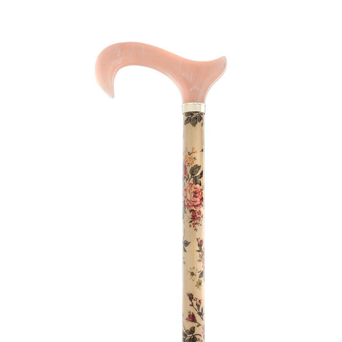 Royal Canes Pink Derby Walking Cane With Vintage Pink Rose Fabric Wrapped Beechwood Shaft and Brass Collar