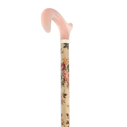 Royal Canes Pink Derby Walking Cane With Vintage Pink Rose Fabric Wrapped Beechwood Shaft and Brass Collar