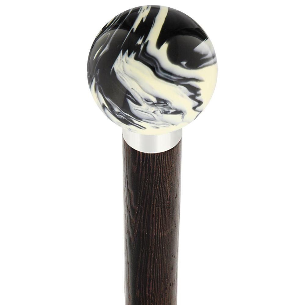 Royal Canes Black & White Cream Swirl Round Knob Cane w/ Custom Wood Shaft & Collar