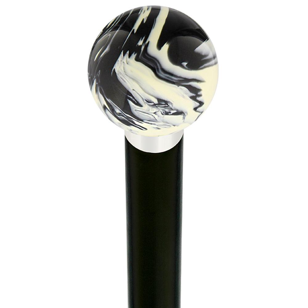 Royal Canes Black & White Cream Swirl Round Knob Cane w/ Custom Wood Shaft & Collar