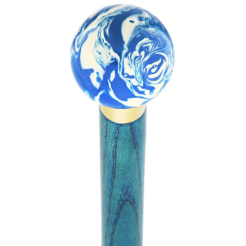 Royal Canes Blue & White Cream Swirl Round Knob Cane w/ Custom Color Ash Shaft & Collar