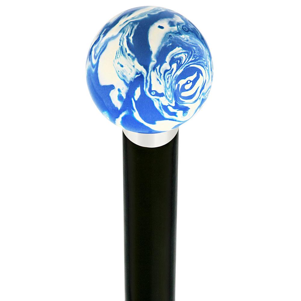 Royal Canes Blue & White Cream Swirl Round Knob Cane w/ Custom Wood Shaft & Collar