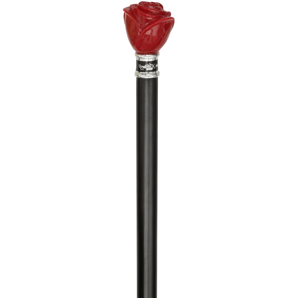 Royal Canes Red Rose Flower Knob Walking Stick With Black Beechwood Shaft and Collar