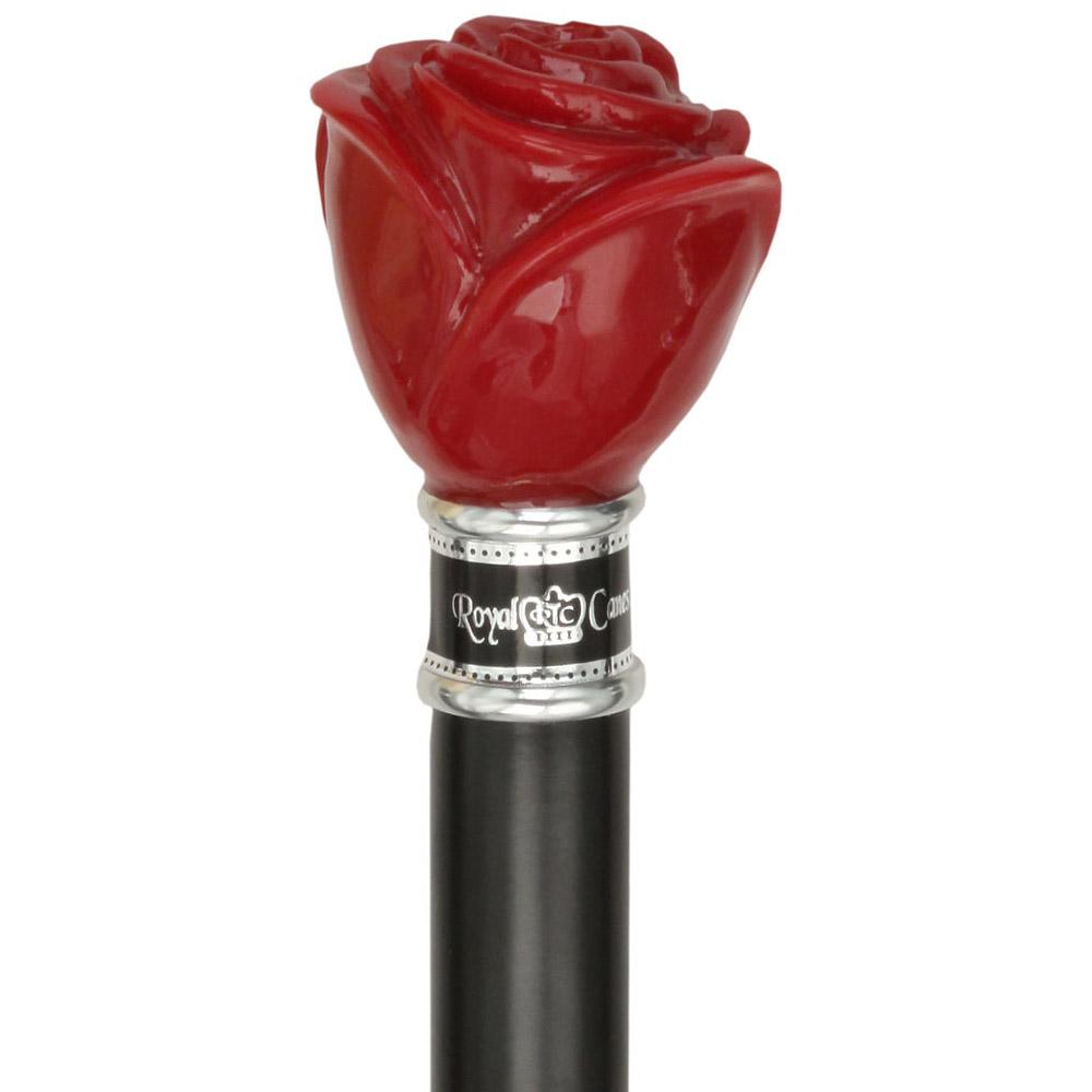 Royal Canes Red Rose Flower Knob Walking Stick With Black Beechwood Shaft and Collar